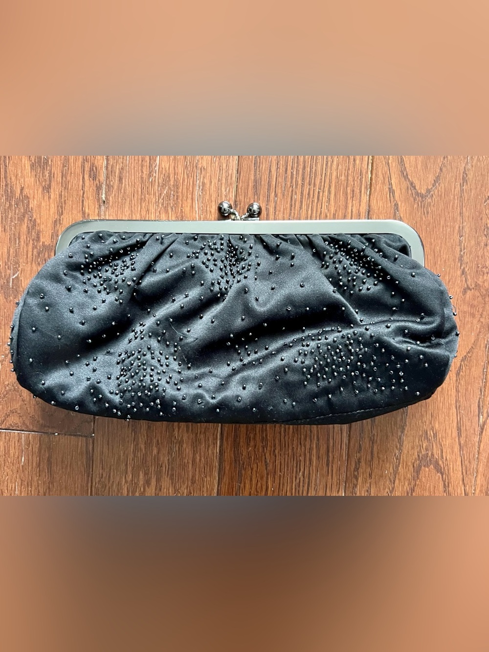 Women’s Express Beaded Black Satin Clutch / Evening Handbag. Snap Closure.